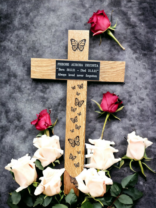 oak cross black and white plaque engraved on wood