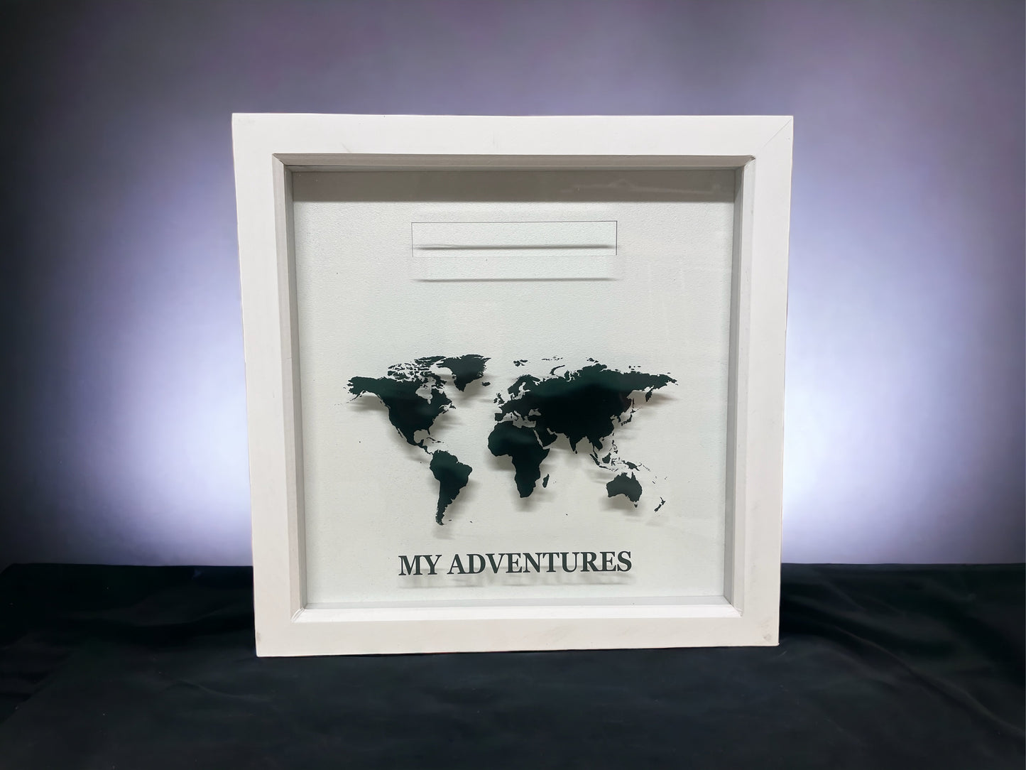 My adventures, drop box frame, shadow box , travel keep sakes, personalised gift, deep framed slot box. Ticket keepsakes, kids memory box