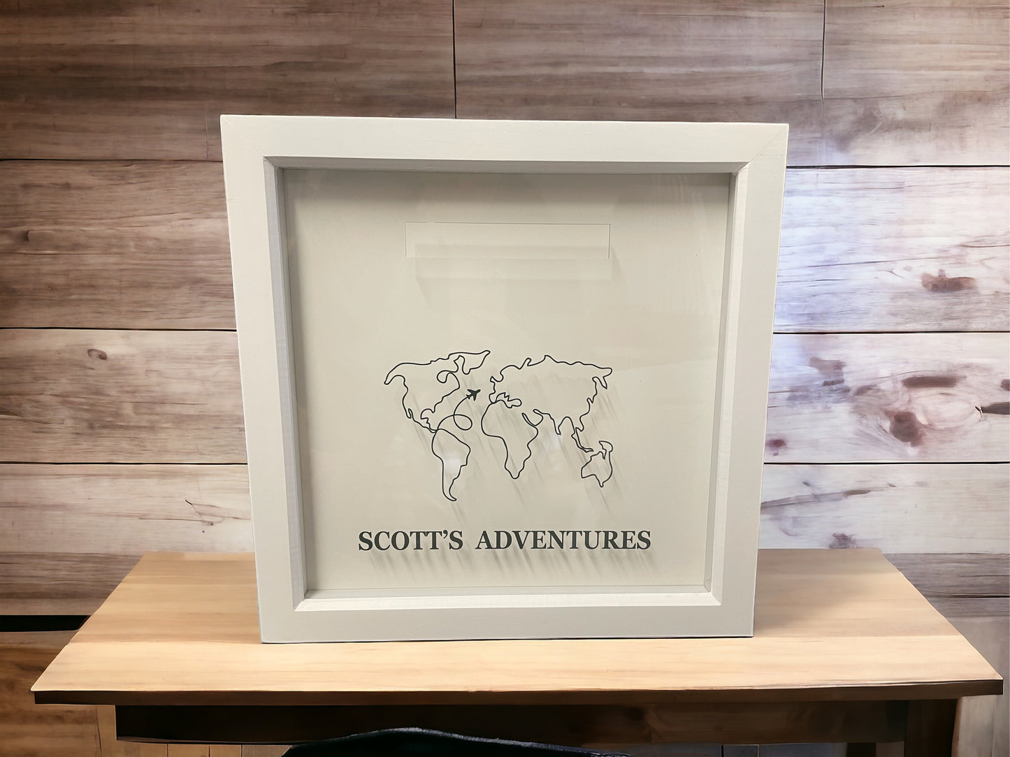 My adventures, drop box frame, shadow box , travel keep sakes, personalised gift, deep framed slot box. Ticket keepsakes, kids memory box